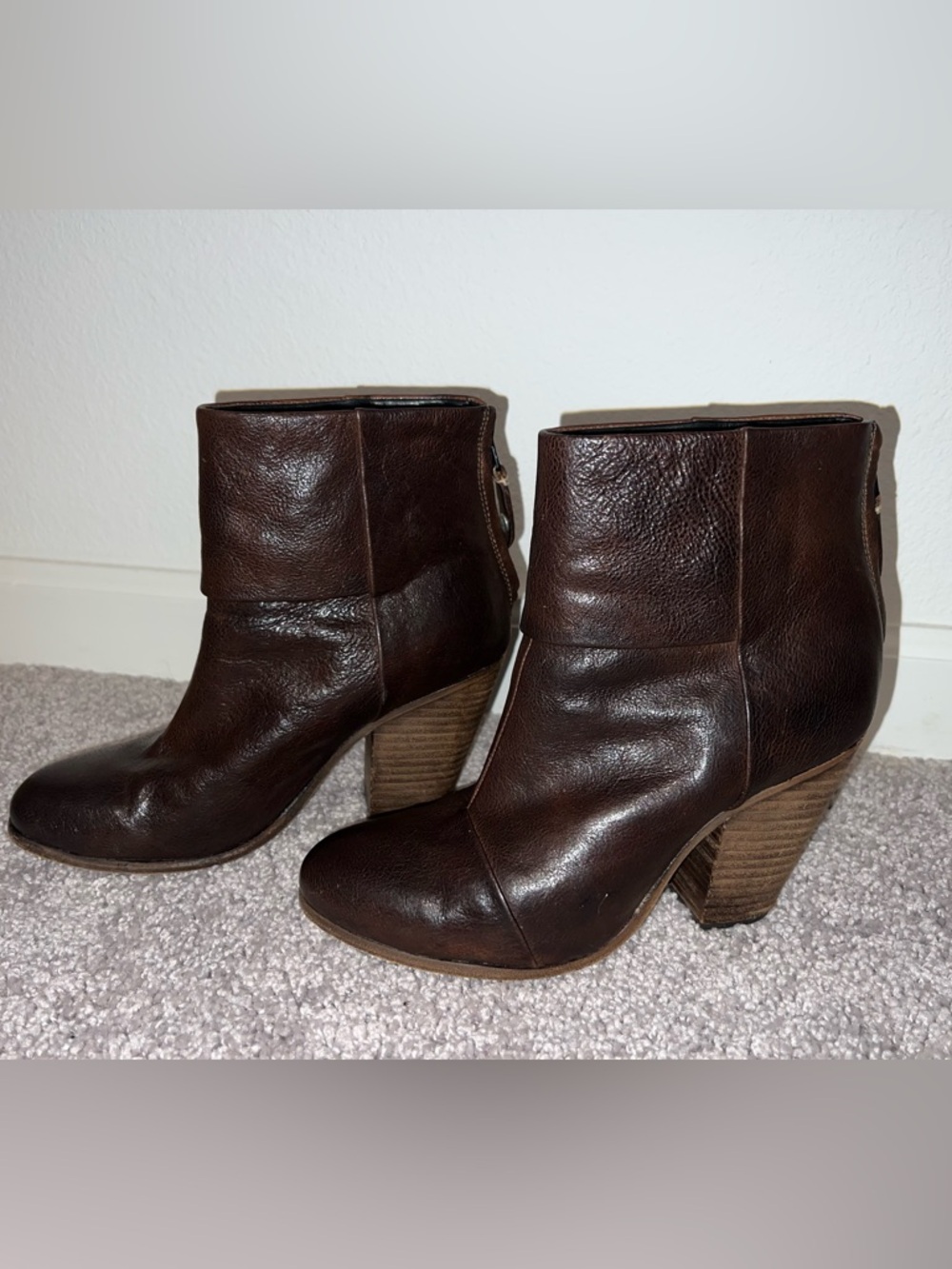 rag & bone Dark Brown Leather Ankle Booties with Stacked Heel